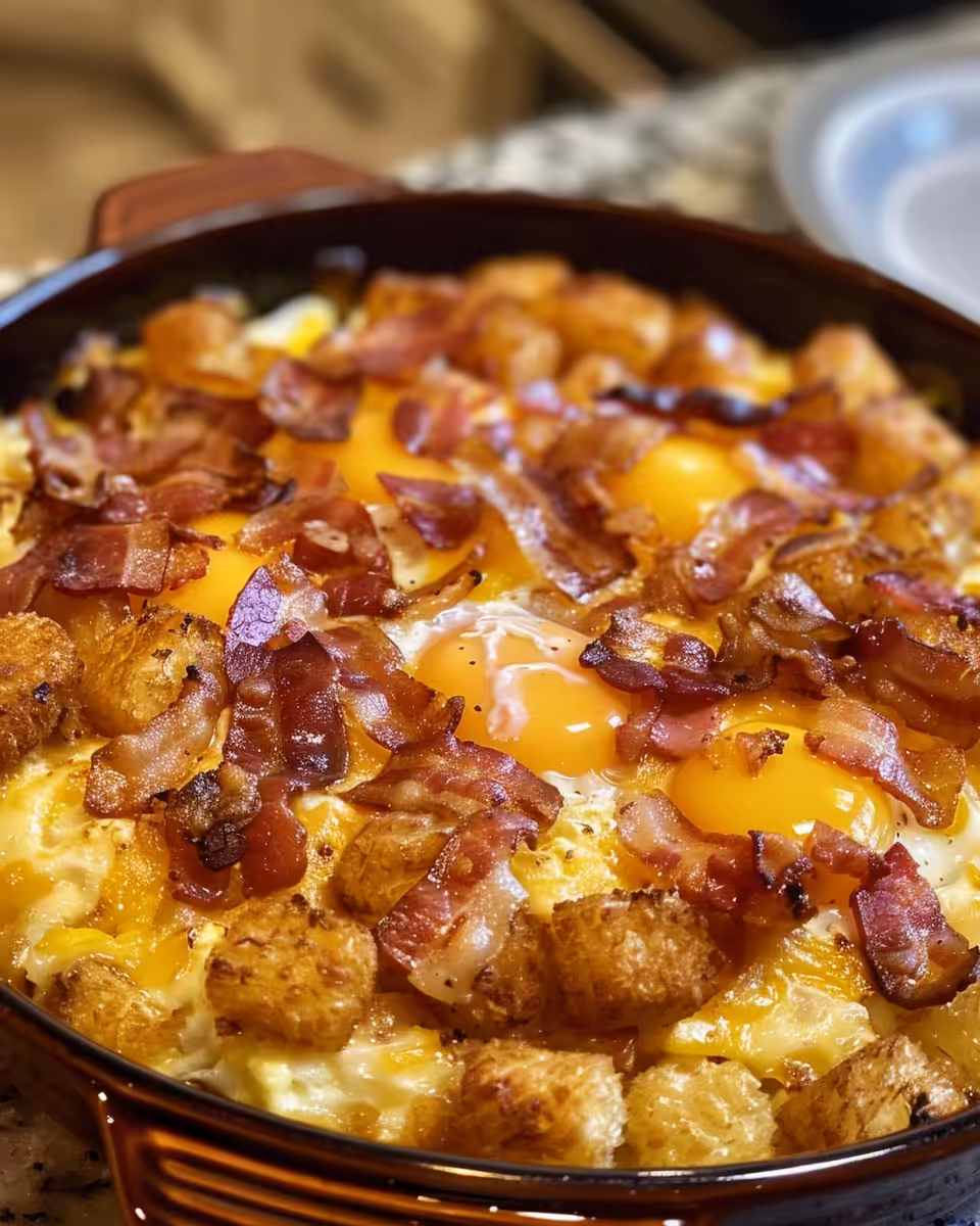 Bacon, egg, and tater tot breakfast casserole fresh and ready to serve