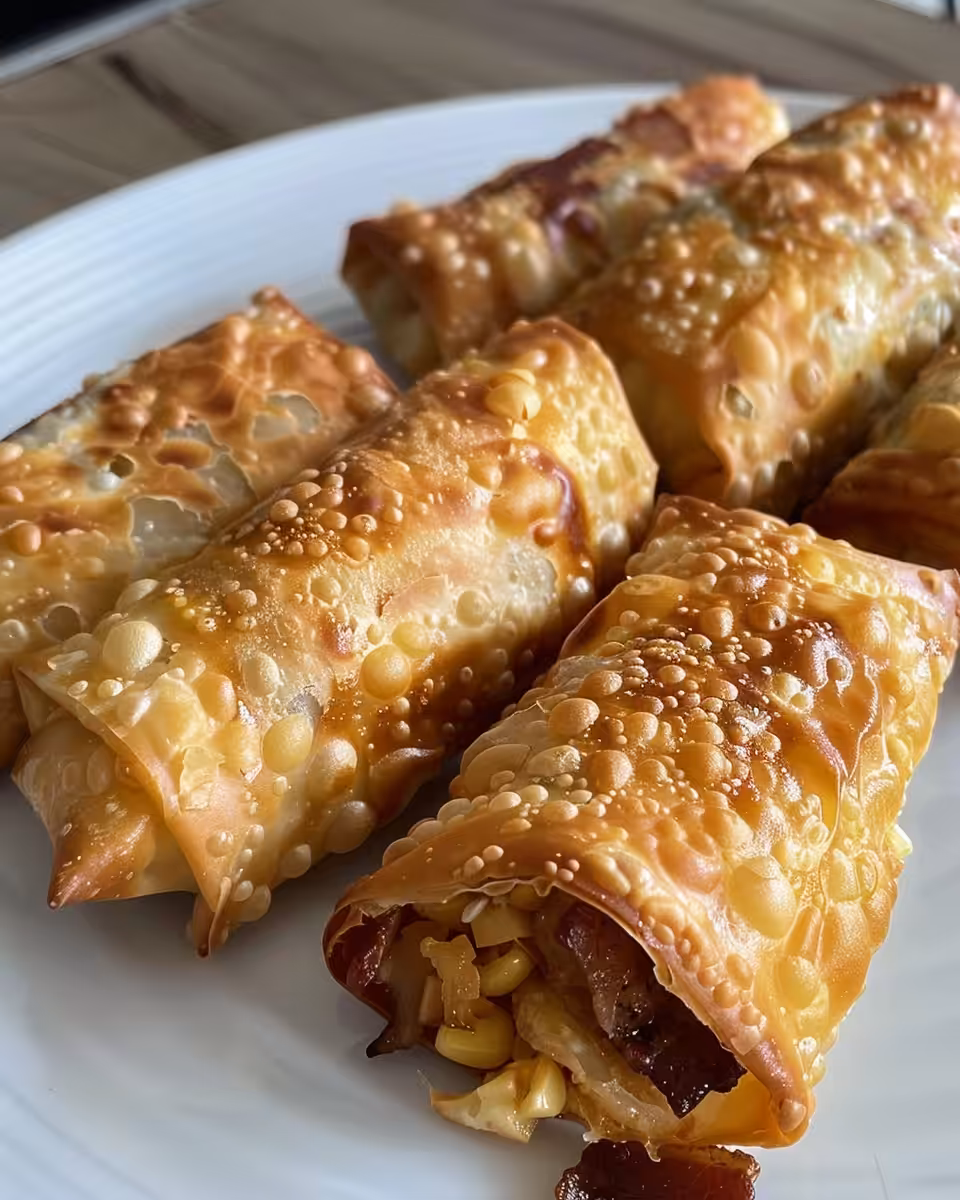 Egg rolls frying golden brown in hot oil in skillet