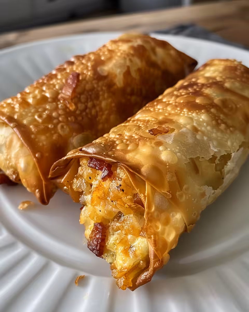 Close-up of bacon jalapeno popper egg rolls starting to cook with steam escaping