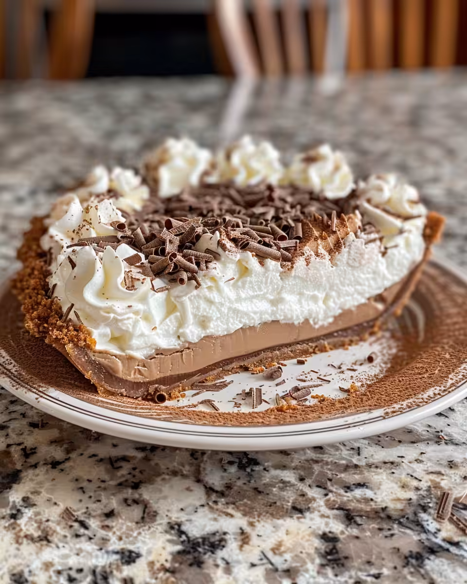 Baileys Chocolate Cream Pie served with whipped topping and chocolate shavings