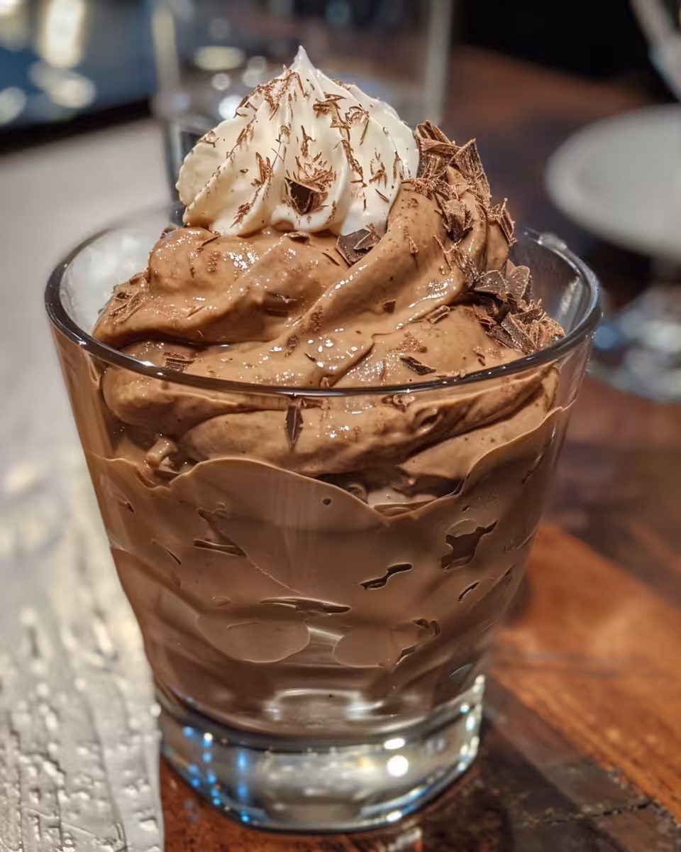 Chocolate mousse topped with whiskey caramel sauce and whipped cream ready to serve