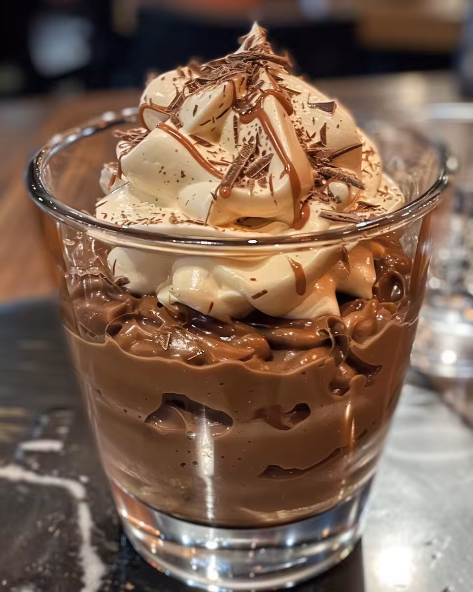 Chocolate and Baileys mousse just out of pressure cooker, smooth and glossy