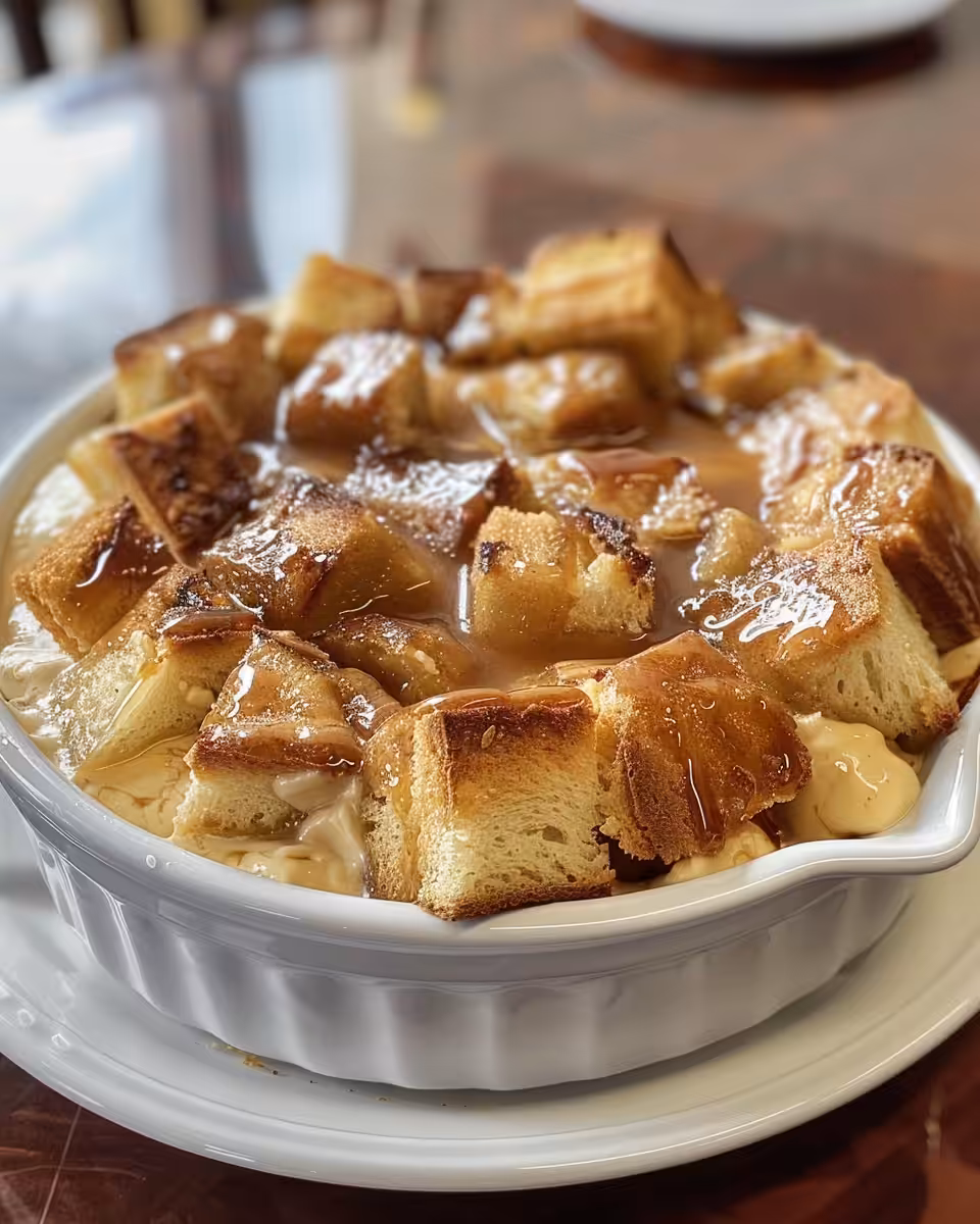 Close-up of the golden crust and soft center of Baileys Irish Cream bread pudding