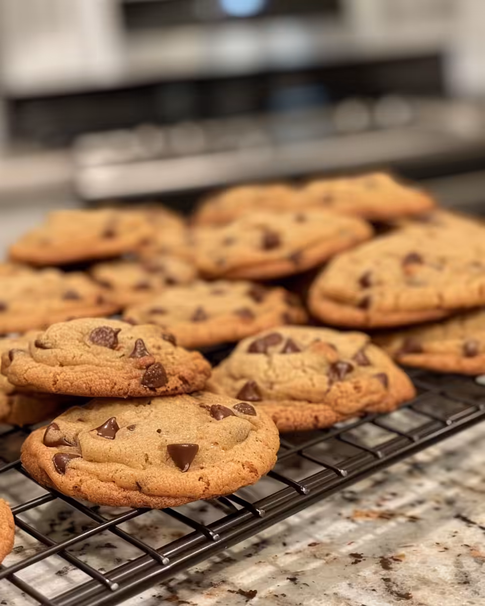 Close up of Baileys Irish Cream chocolate chip cookies freshly baked
