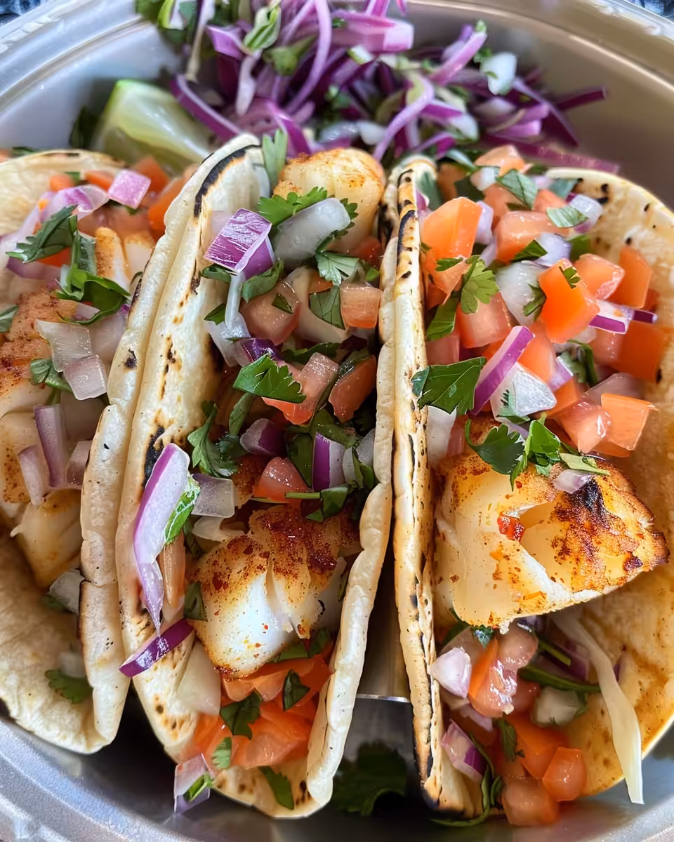 Ingredients for Baja fish tacos including shredded cabbage and chipotle sauce