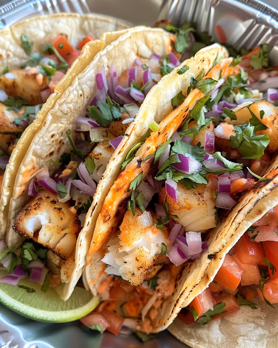 Finished Baja fish tacos served with lime and garnishes