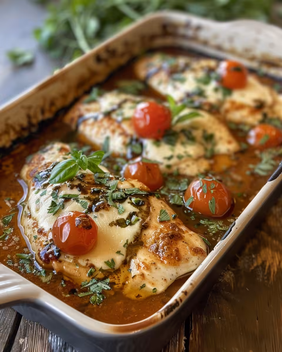 Balsamic chicken breast baking topped with mozzarella cheese in oven