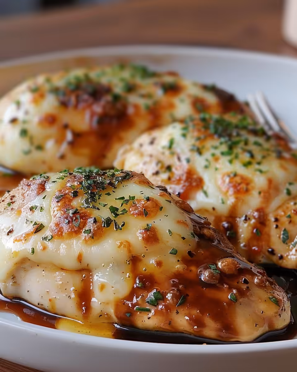 Final plated balsamic baked chicken breast with melted mozzarella cheese