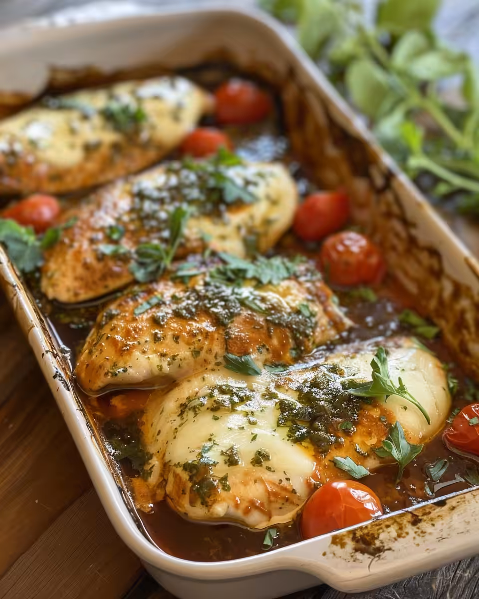 Balsamic baked chicken breast with mozzarella fresh out of oven