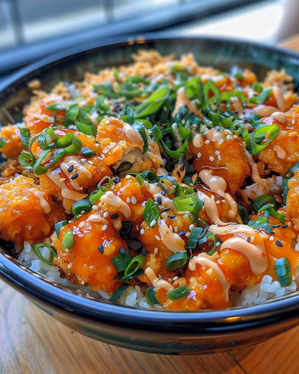 Final served bang bang chicken bowl with fresh veggies and sauce drizzle