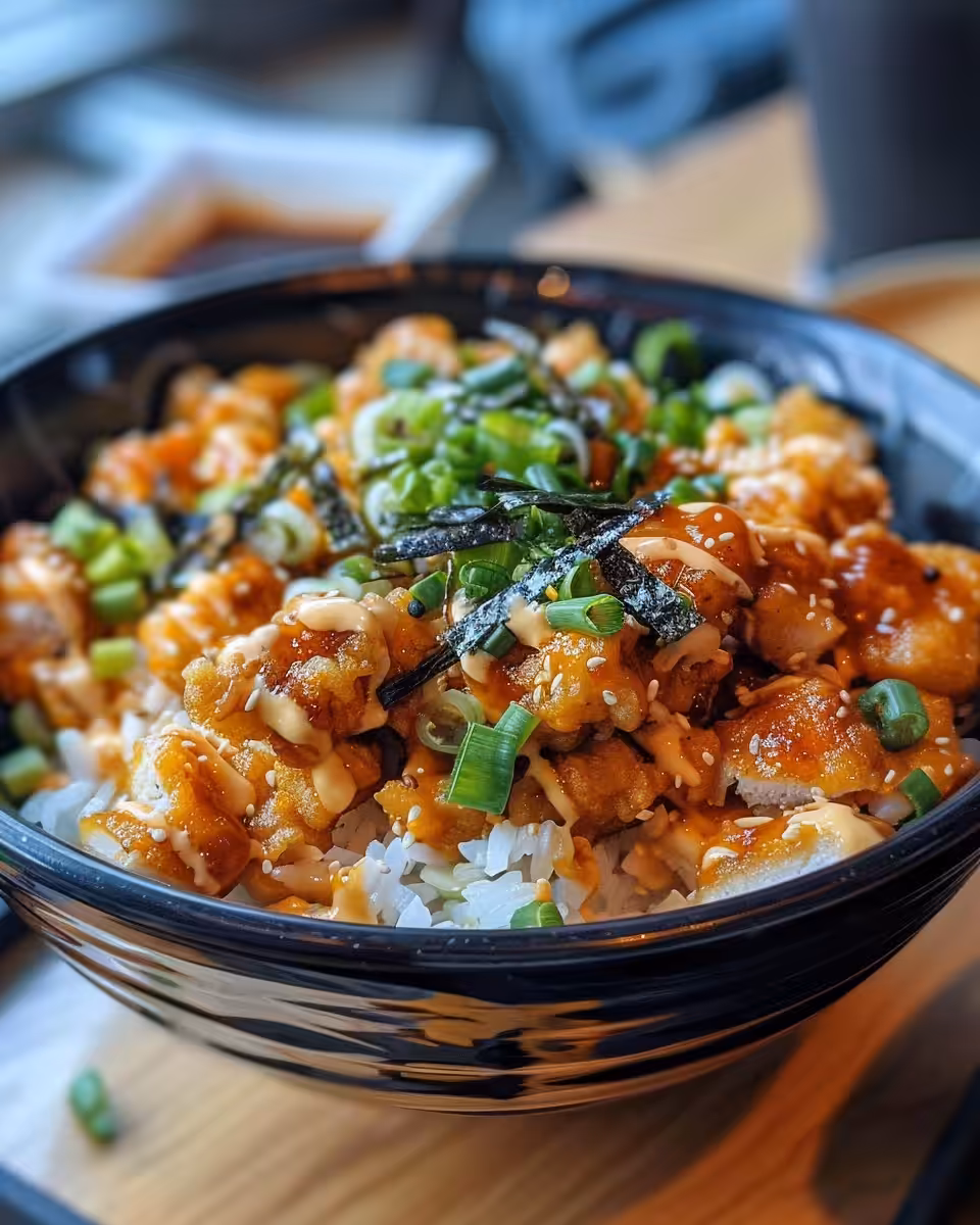 Steam rising from pressure cooker with tender bang bang chicken bowl
