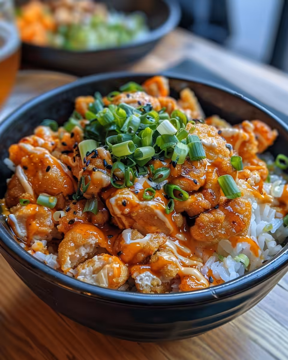 Ingredients spread for bang bang chicken bowl with sliced veggies and sauces