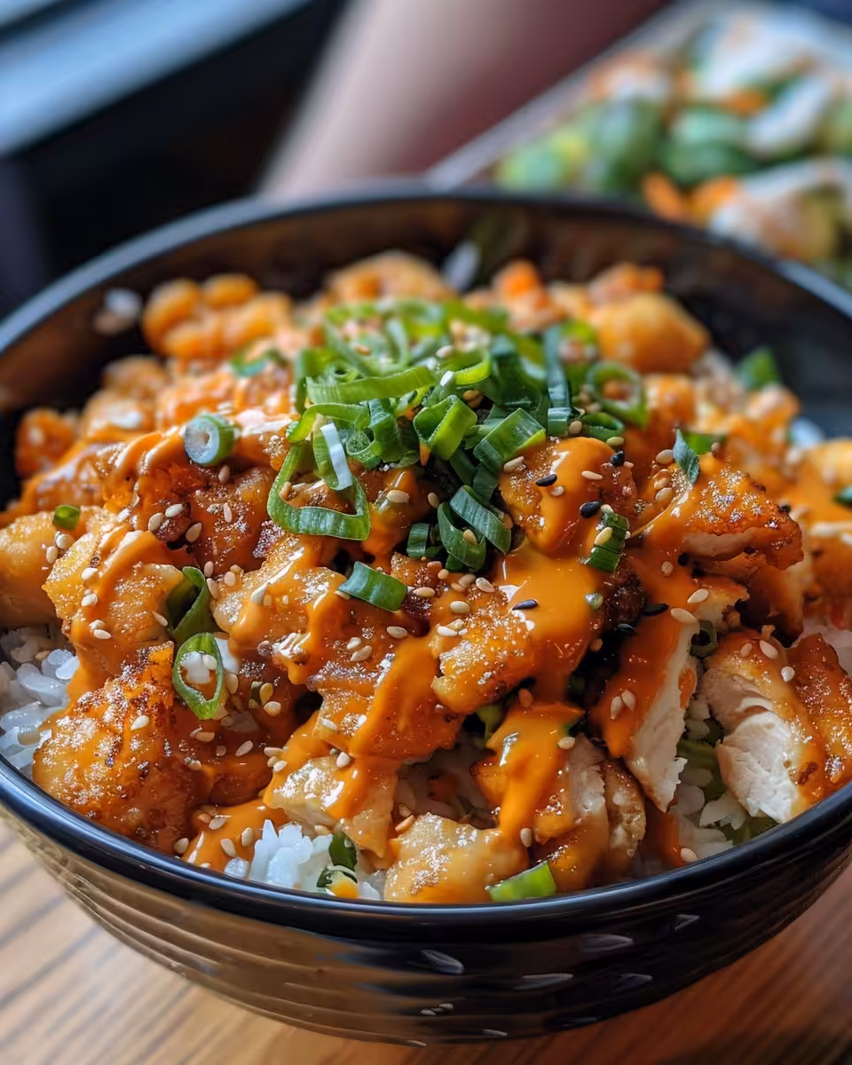Delicious finished bang bang chicken bowl served with fresh toppings