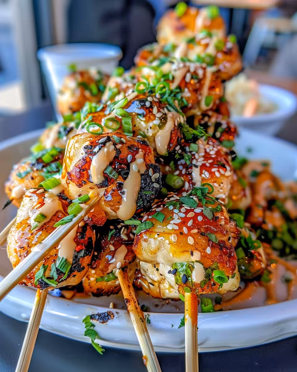 Final served Bang Bang Chicken Skewers plated with cilantro garnish