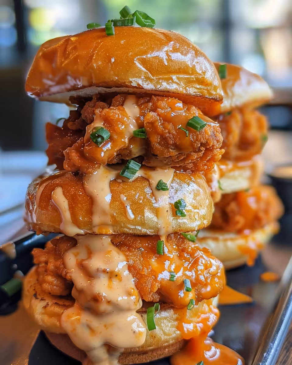 Final served bang bang chicken sliders on pretzel buns
