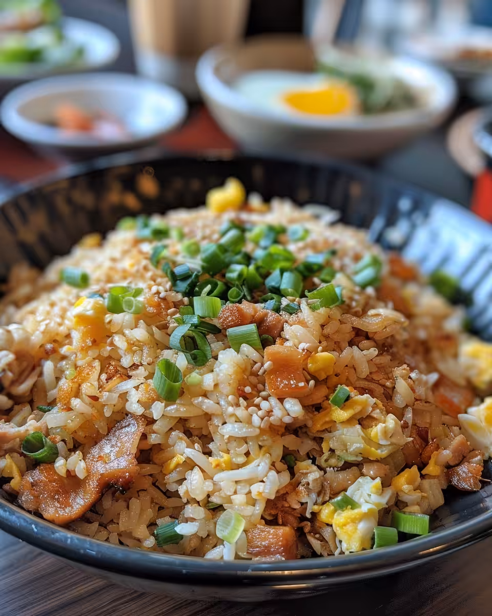 Ingredients laid out for Bang Bang Chicken Fried Rice including mayo, sriracha, chili sauce, eggs, chicken, and rice