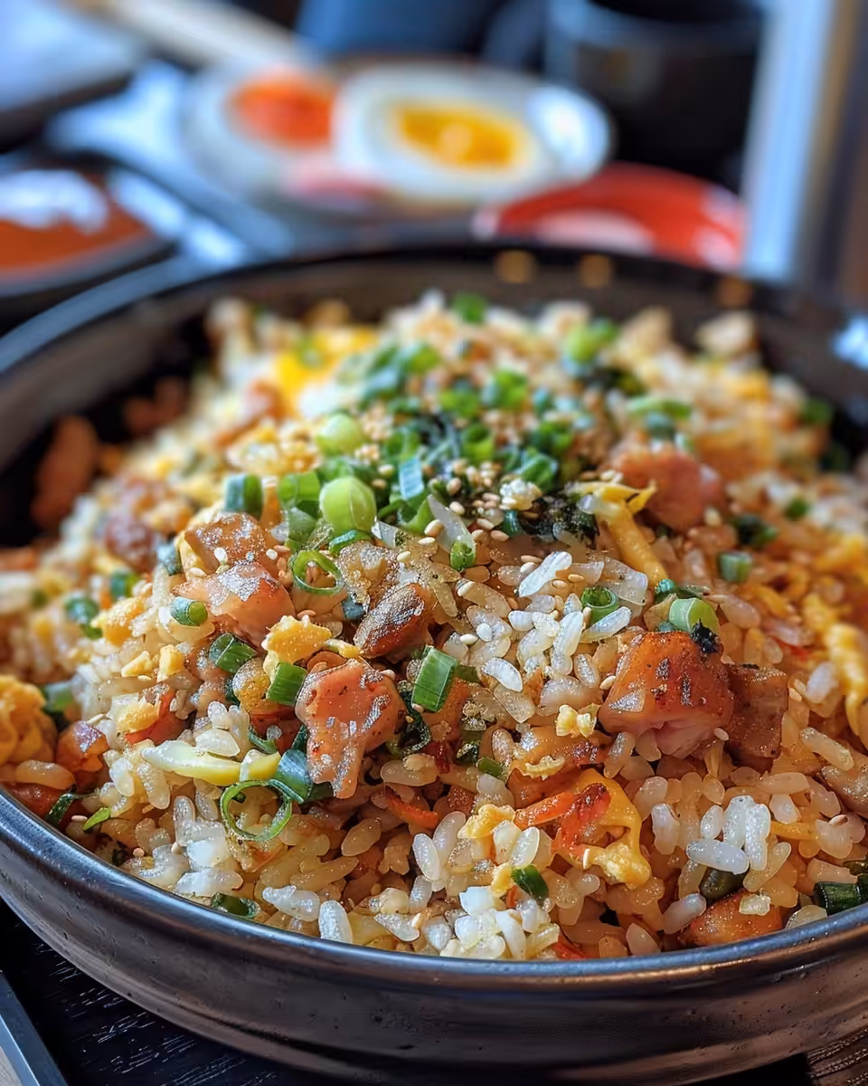Plated Bang Bang Chicken Fried Rice garnished with green onions ready to eat