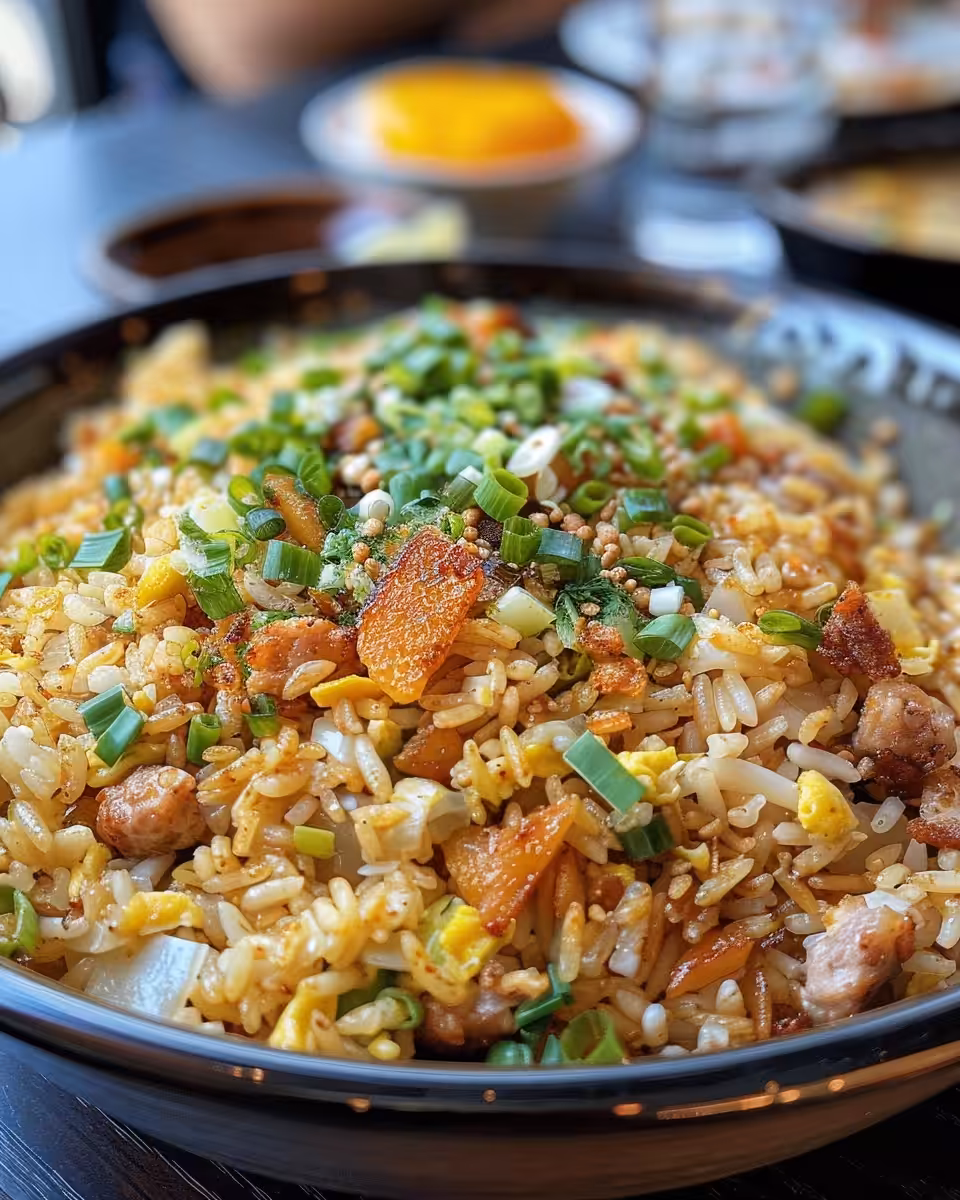 Steaming pressure cooker Bang Bang Chicken Fried Rice ready to serve