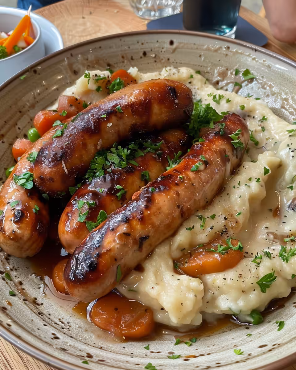Ingredients for bangers and mash including sausages, onions, and seasoning listed