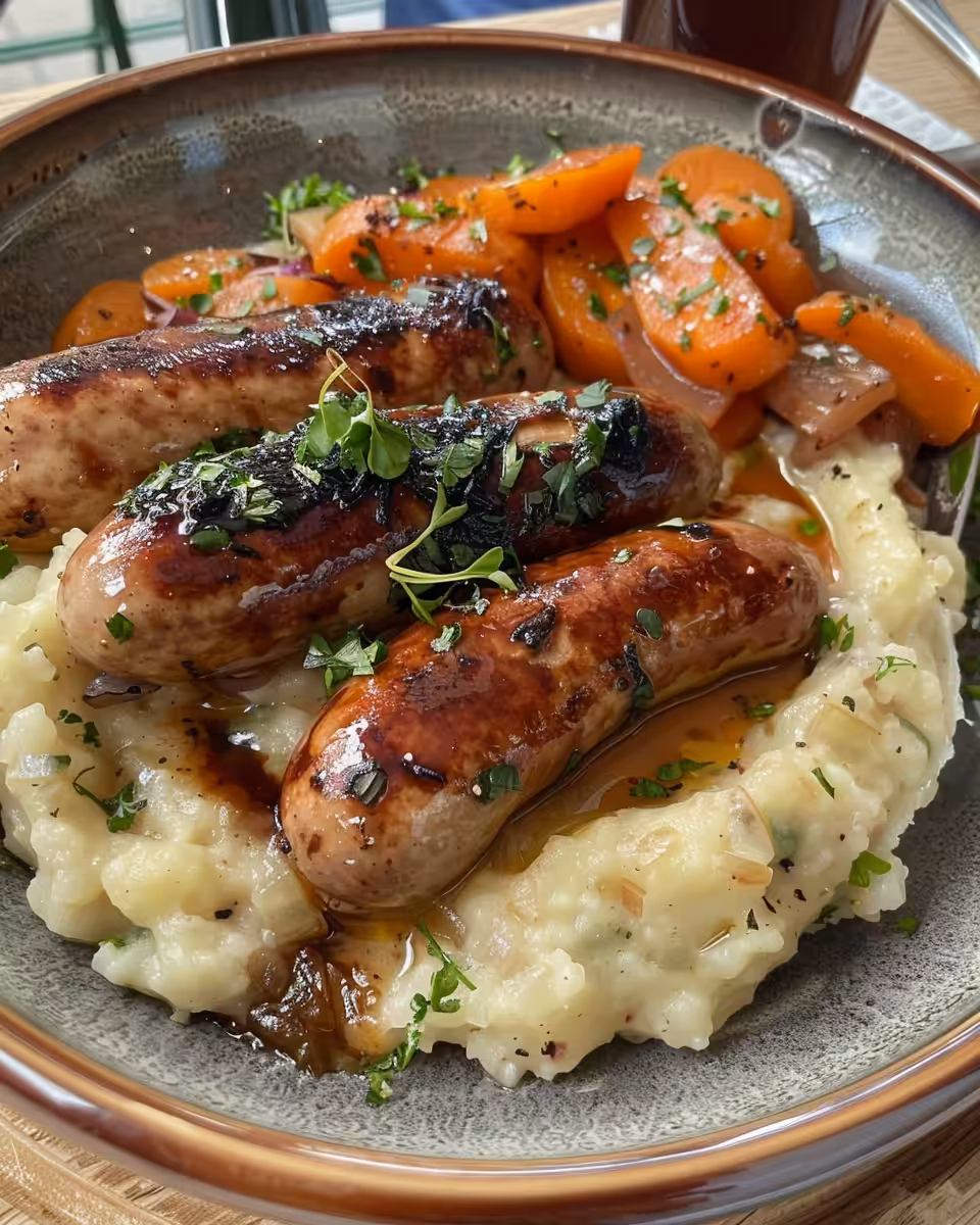 Served bangers and mash with gravy and peas on a plate