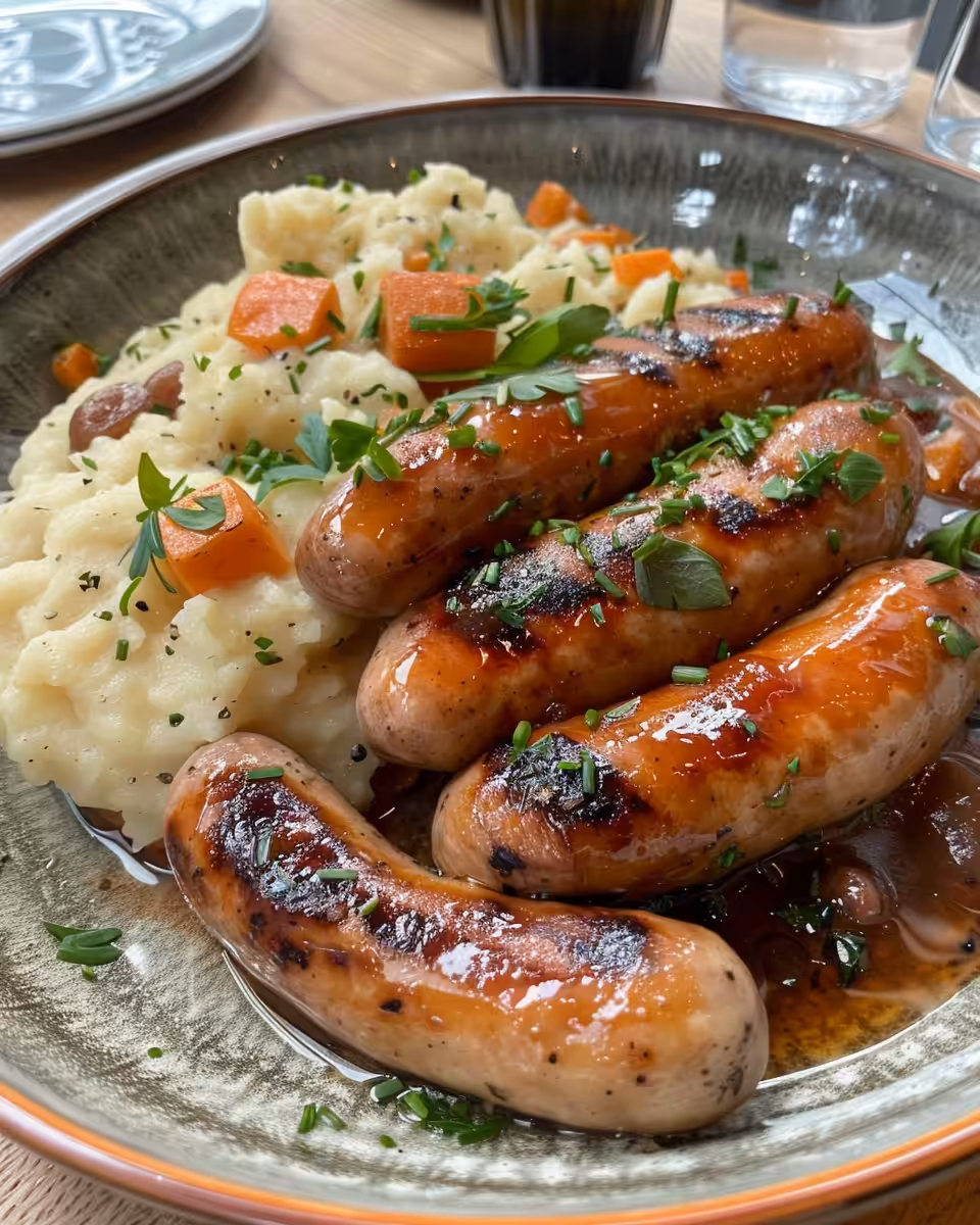 Close-up of sizzling sausages and caramelized onions in pressure cooker