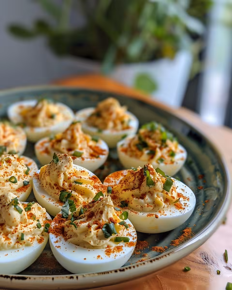 Finished Voodoo Bayou deviled eggs served on a plate garnished with paprika