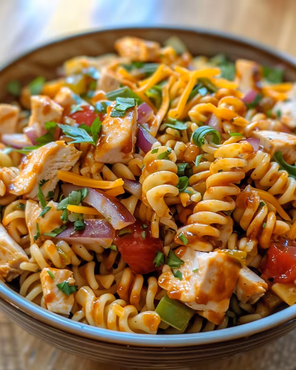 Ingredients for BBQ Ranch Pasta Salad arranged in bowls and ready to mix