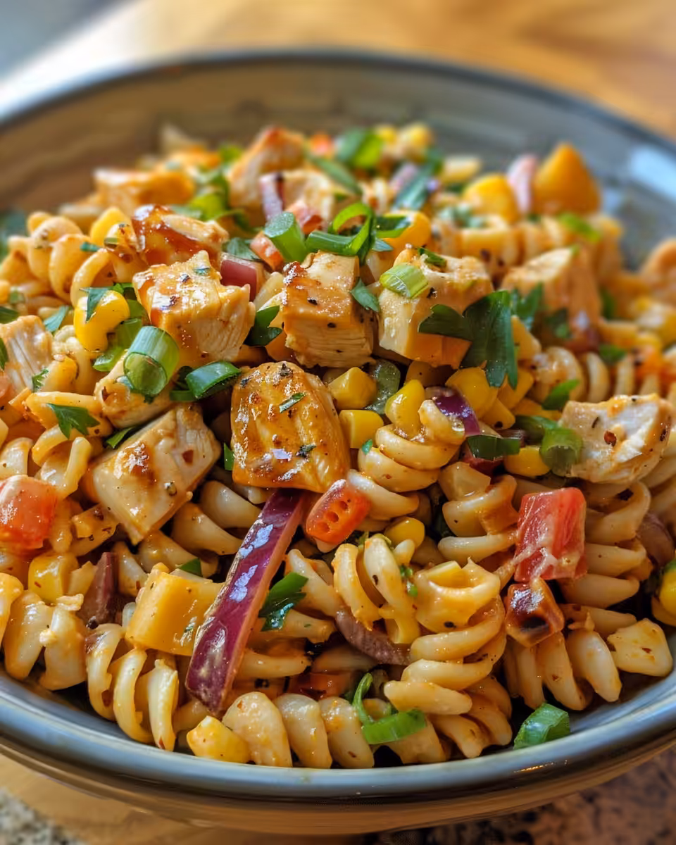 Final BBQ Ranch Pasta Salad served and garnished in bowl