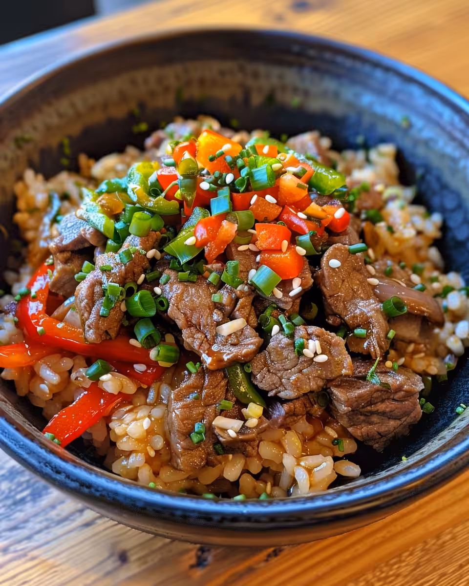 Ingredients for Beef & Pepper Rice Bowl including peppers, garlic, and ground beef
