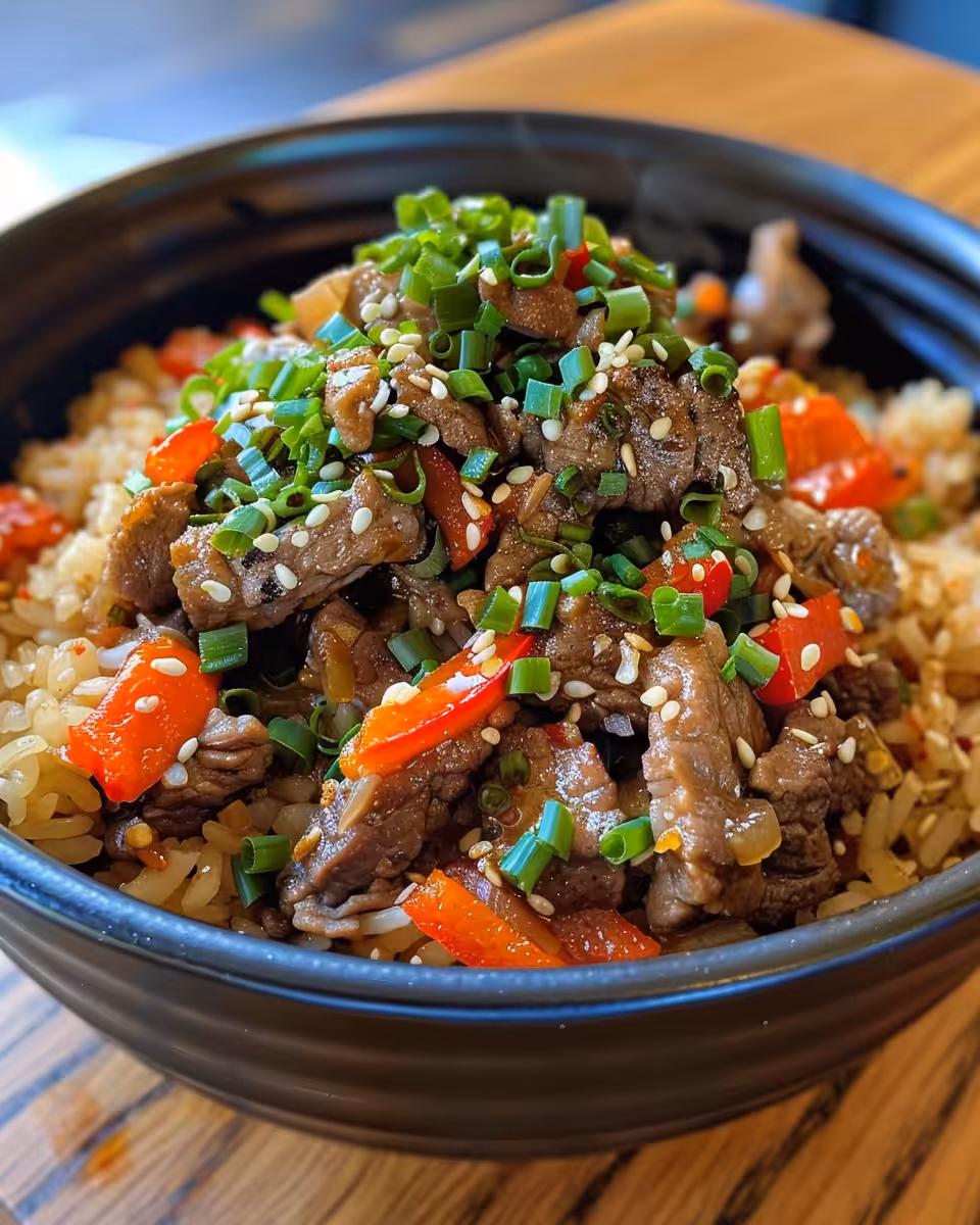 Finished Beef & Pepper Rice Bowl served in a bowl ready to eat