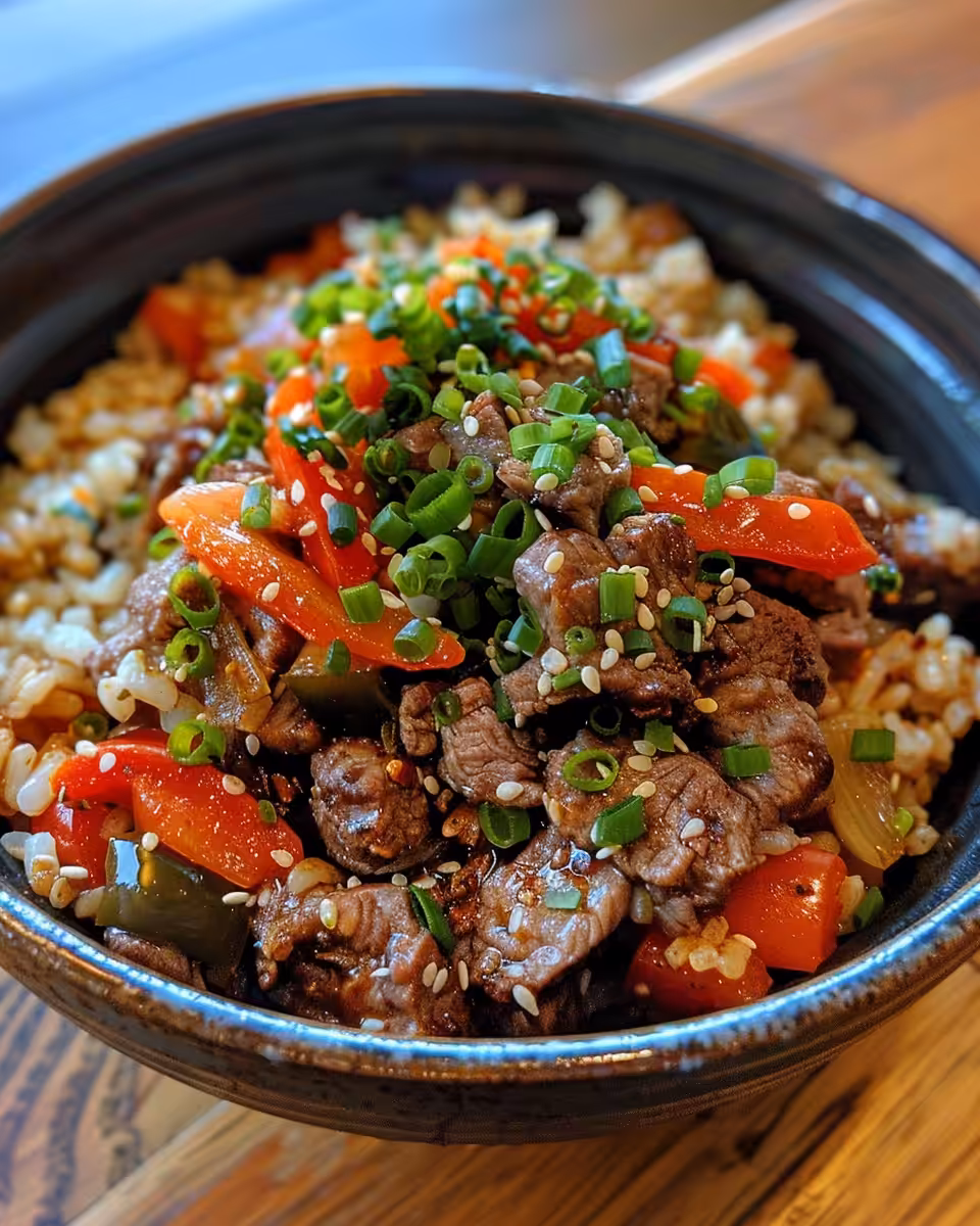 Beef & Pepper Rice Bowl fresh in a pressure cooker with steam