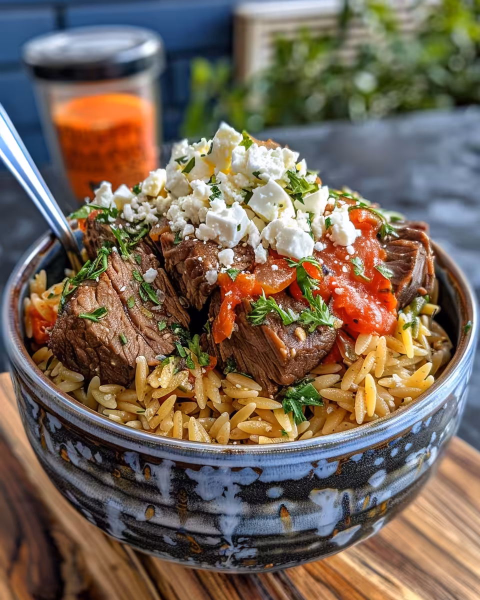 Ingredients for Greek beef orzo pasta stew arranged together