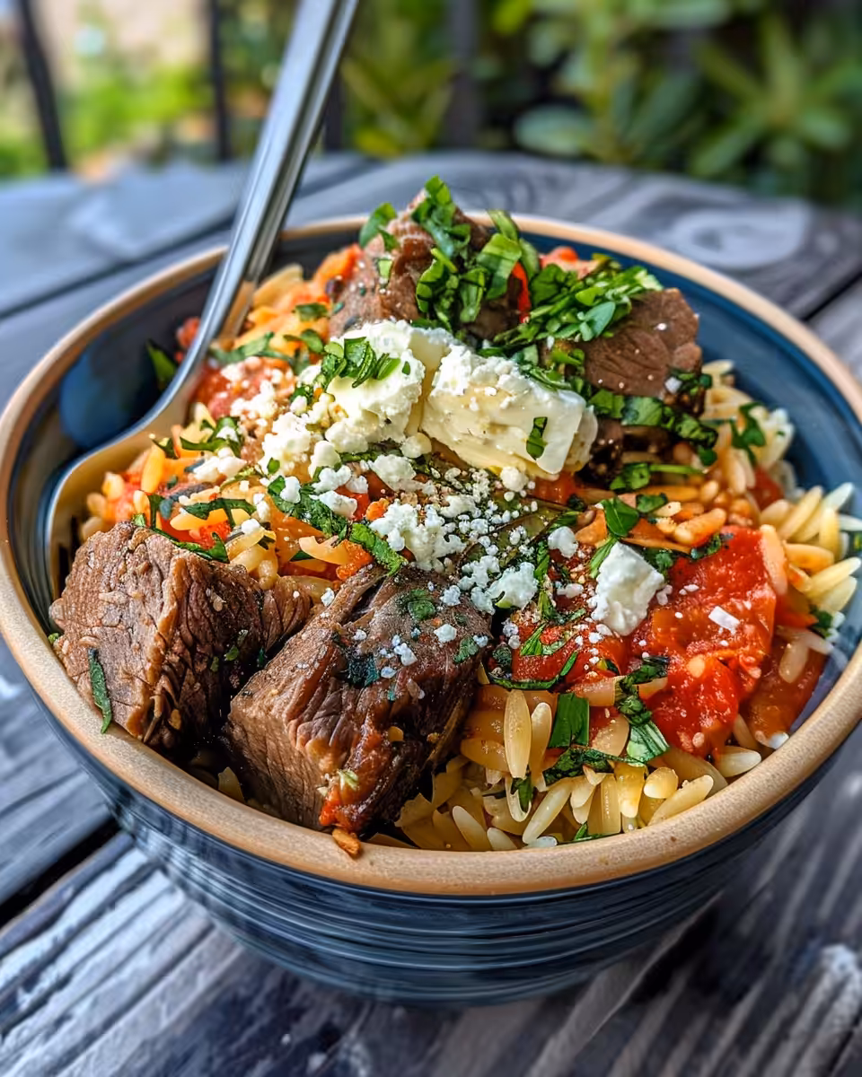 Close-up of finished Greek beef orzo pasta with syrupy sauce and cheese