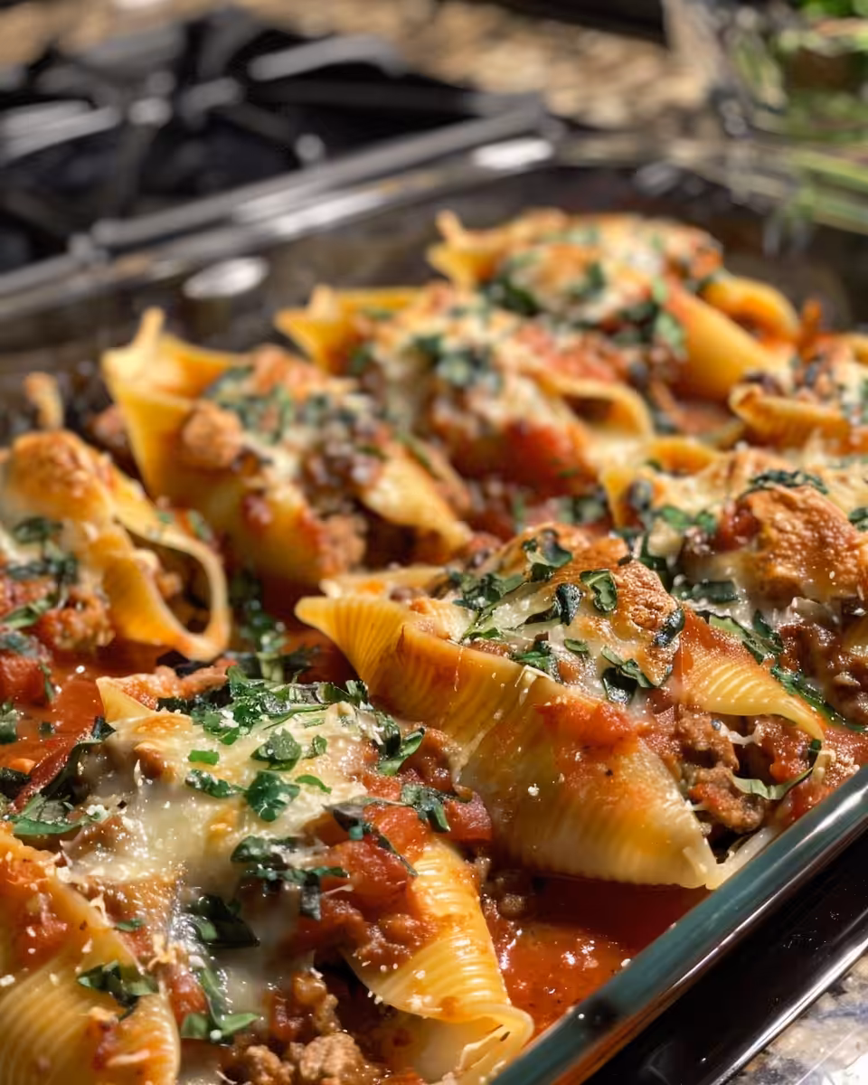 Final baked beef stuffed shells with cheesy golden top