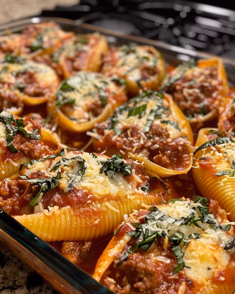 Beef stuffed shells with creamy ricotta in kitchen setting