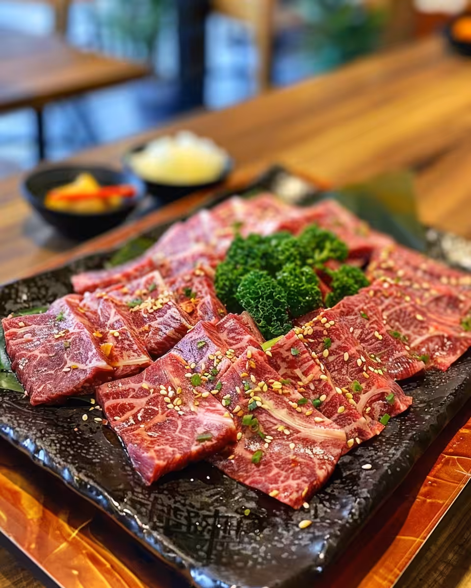 Finished beef yakiniku served with green onions and sesame seeds