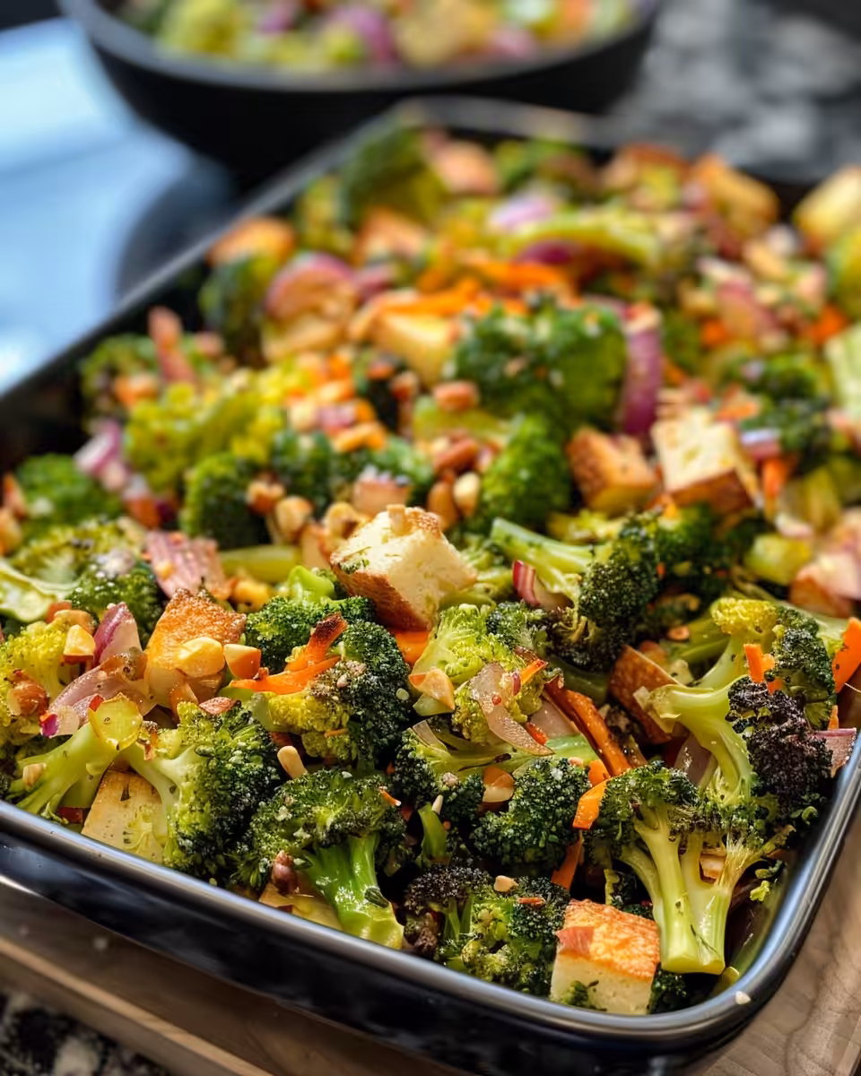 Serving of homemade broccoli salad with a mix of crunchy and creamy textures