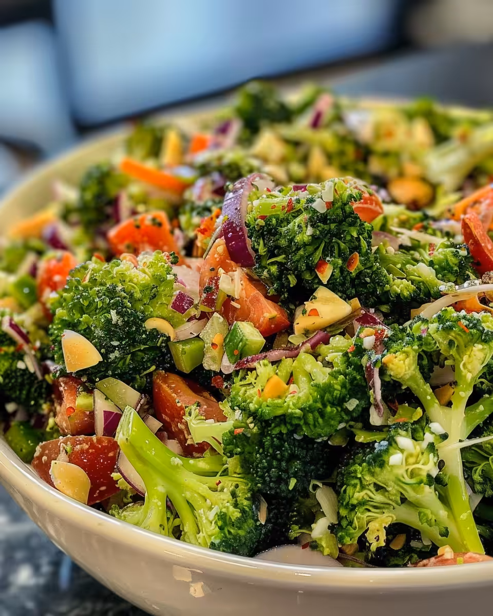 Fresh broccoli salad ready to serve with bacon and dried cranberries