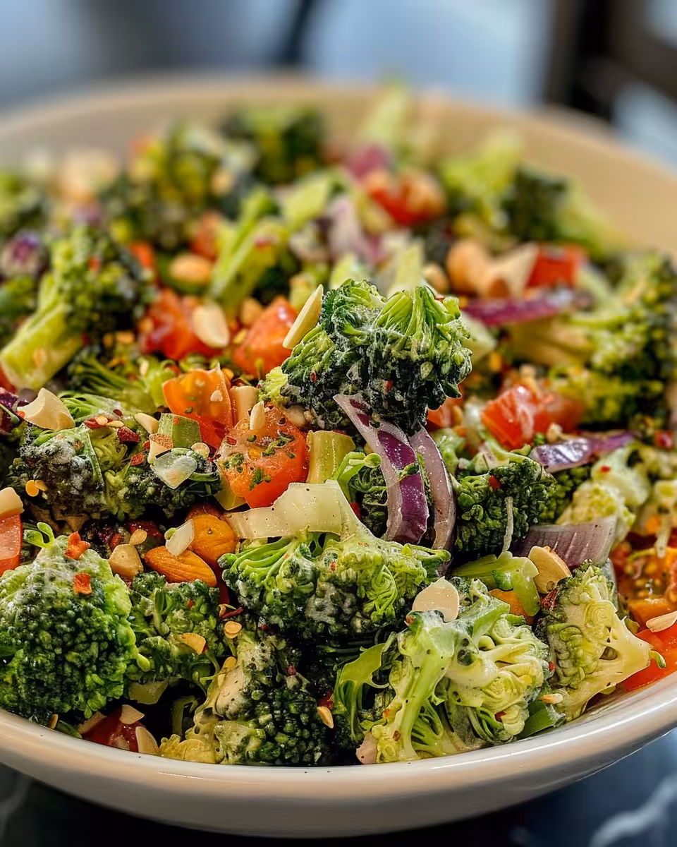 Serving bowl of fresh classic broccoli salad with colorful ingredients
