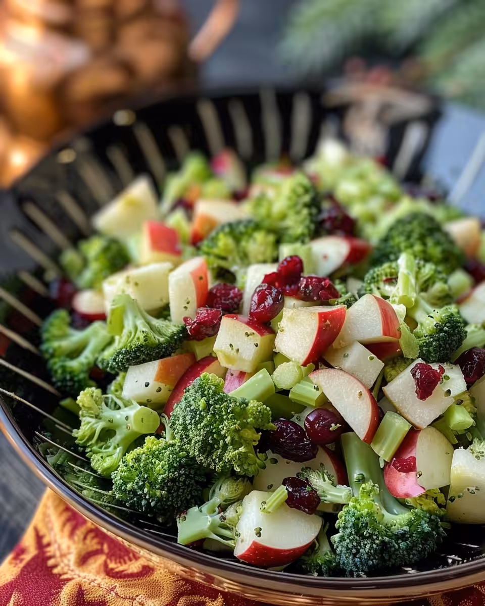 Ingredients for broccoli and cranberry salad including apples and pepitas
