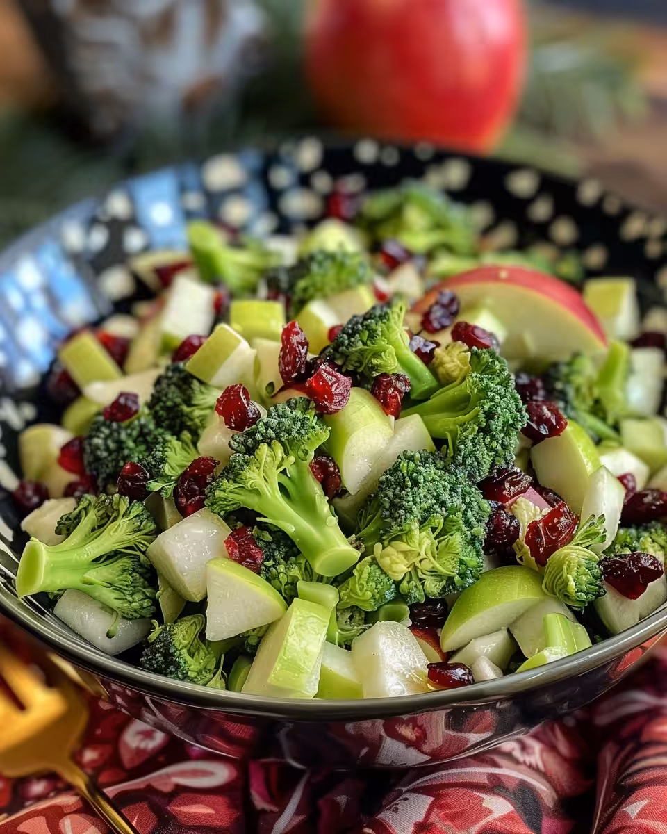 Final served broccoli cranberry salad plated and ready to enjoy