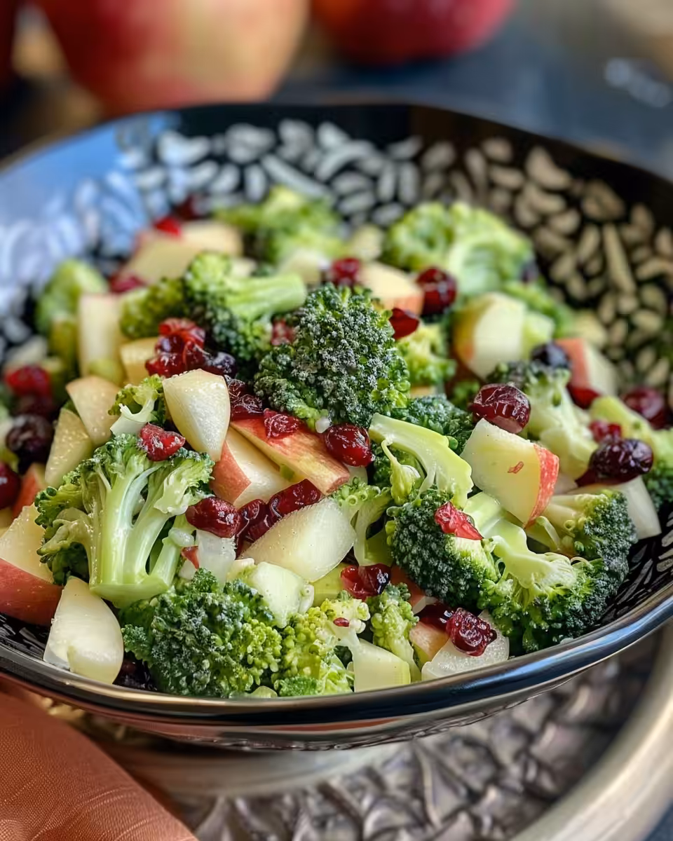 Fresh broccoli salad with apples, cranberries, and pepitas in bowl