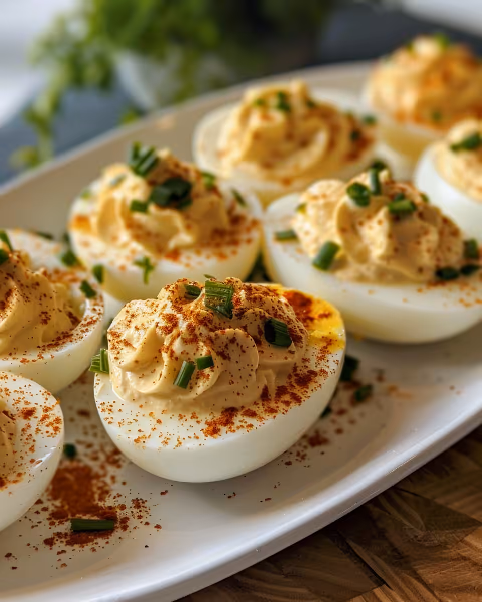 Ingredients for deviled eggs including mayonnaise, mustard, eggs, and paprika