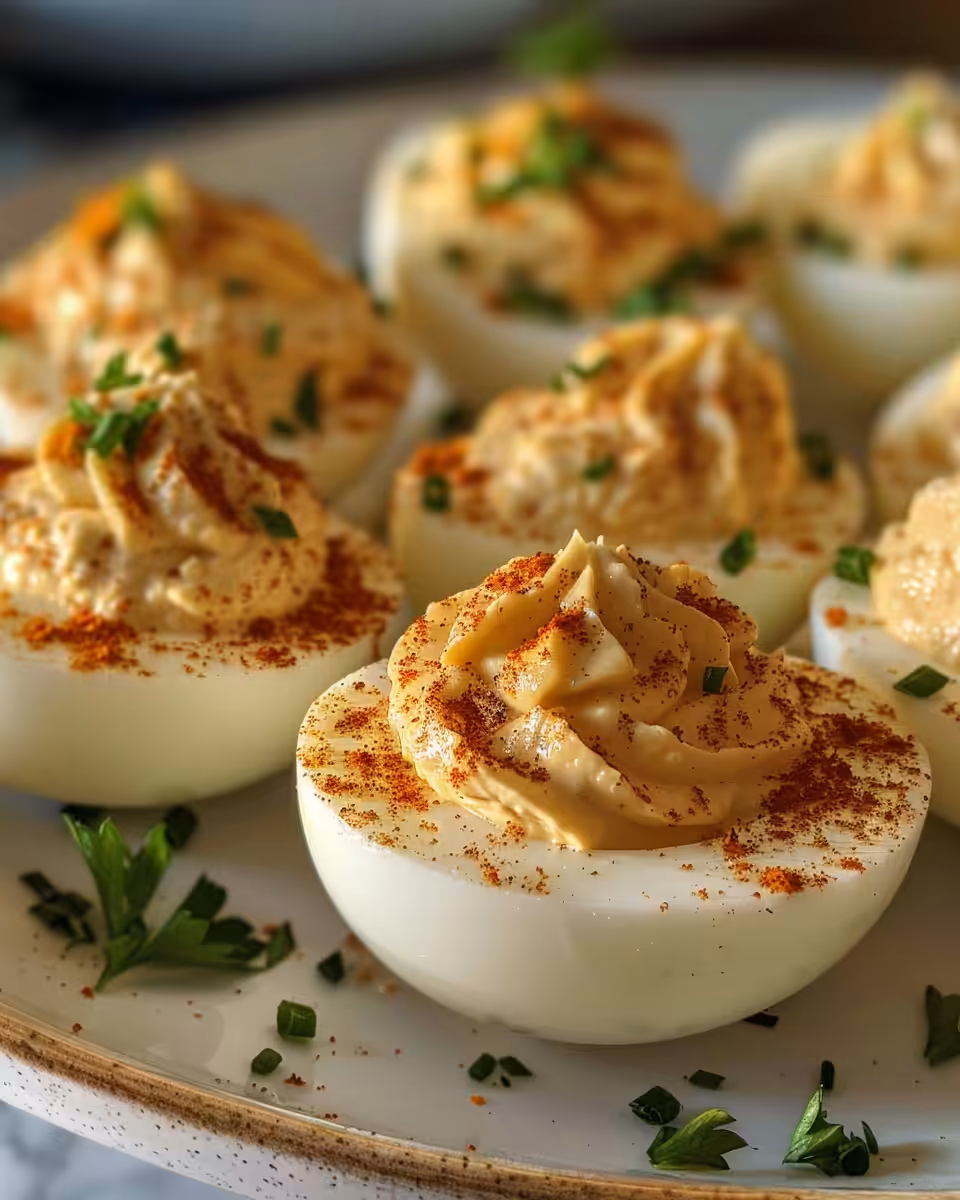 Finished deviled eggs plated and garnished with paprika, ready to serve