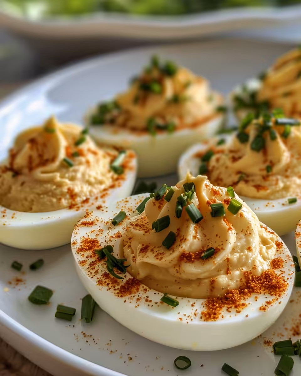 Classic deviled eggs served on a white plate, fresh and appealing