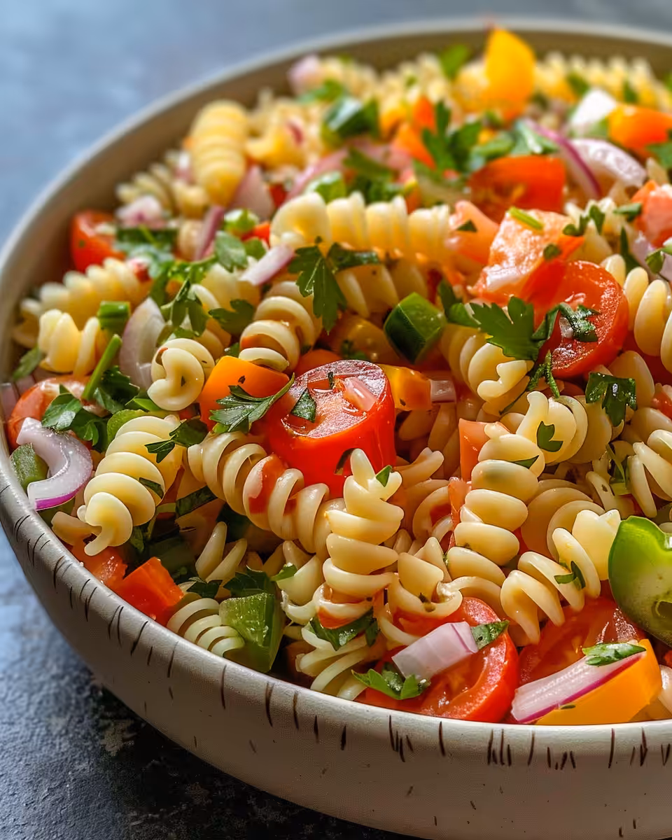 Fresh ingredients being combined for macaroni salad with diced onions, celery, and bell peppers