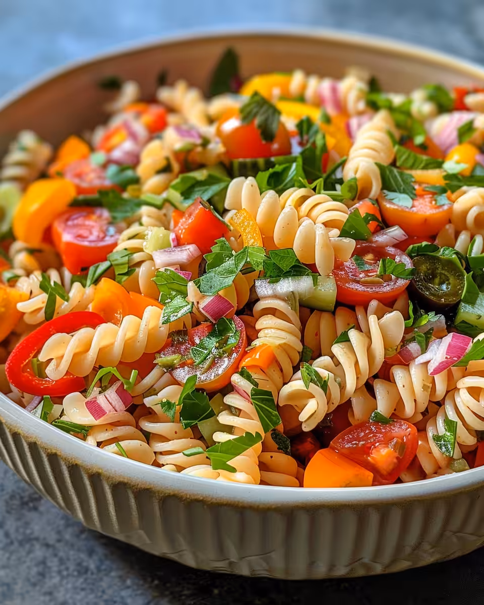Final served macaroni salad with creamy dressing and colorful vegetables