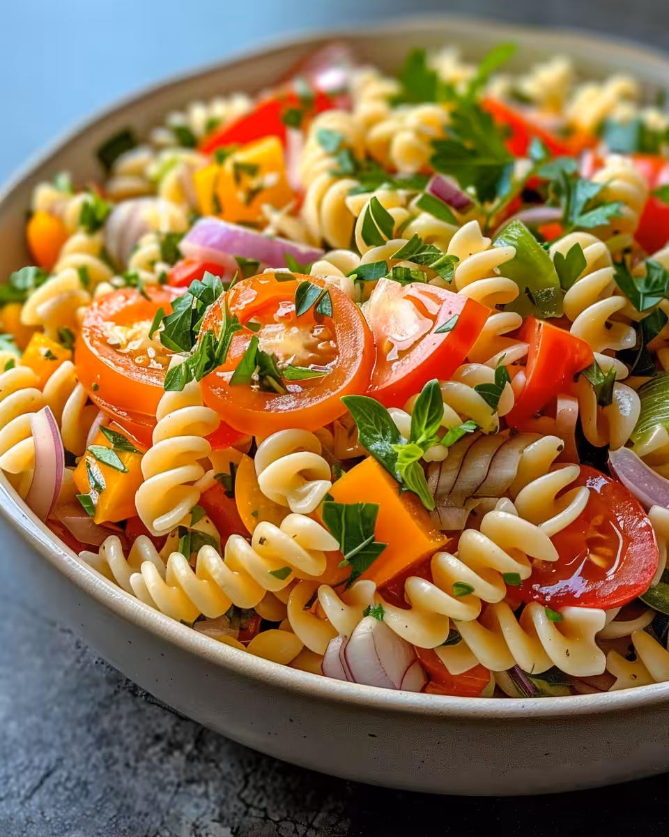 Classic elbow macaroni pasta salad with diced veggies and creamy dressing