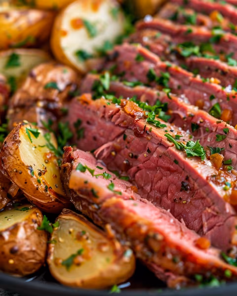 Served corned beef and cabbage with carrots and potatoes on plate