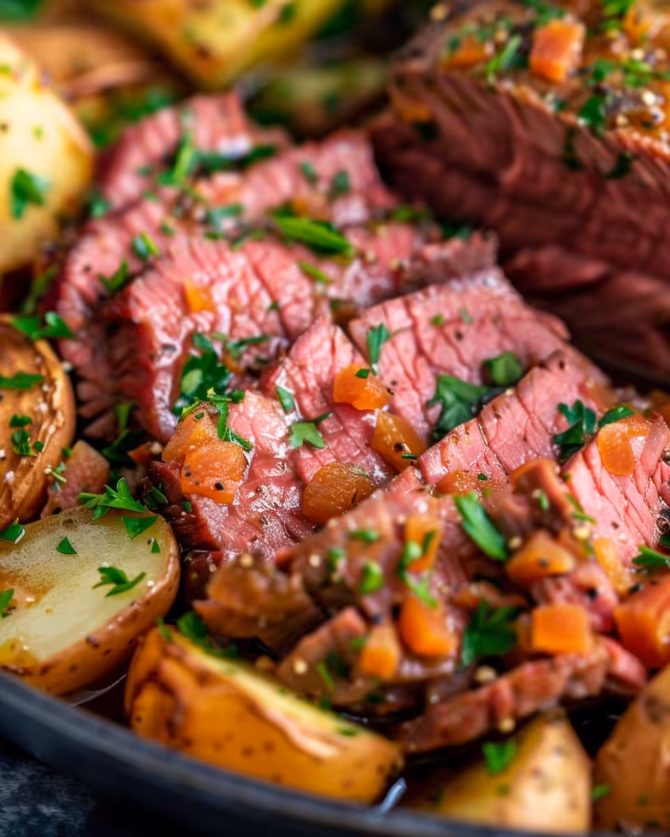 Corned beef brisket cooking in pressure cooker with steam visible
